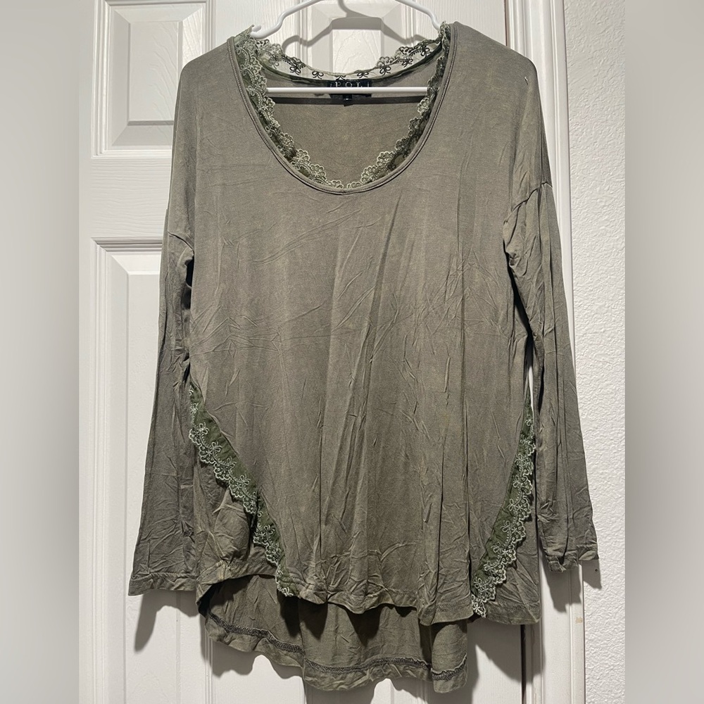 Olive Green Long Sleeve Top with Lace Trim